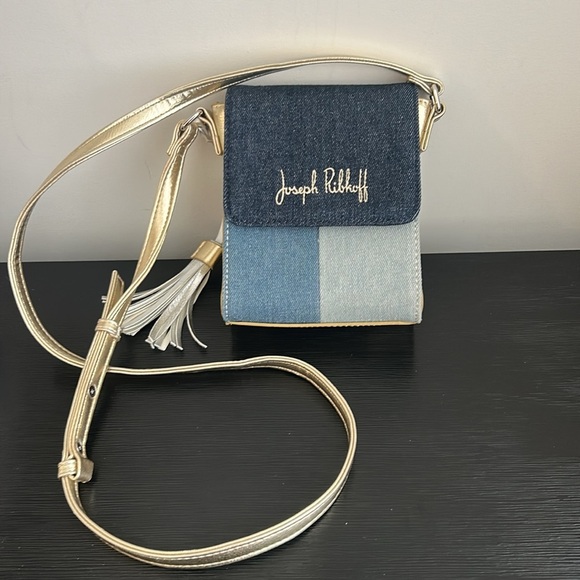 JOSEPH RIBKOFF Patchwork Denim & Metallic Gold Tassel Mini Crossbody Purse - Picture 5 of 15